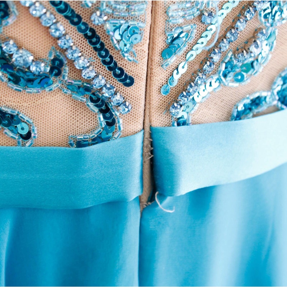 Sherri Hill Turquoise Blue Nude Mesh Beaded Prom Formal Dress Gown Size 12 - Picture 12 of 12